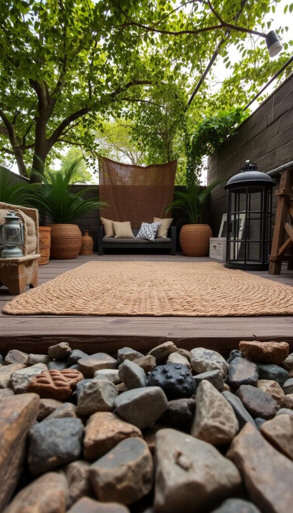 A cozy outdoor scene with a variety of natural and man-made textures. In the foreground, rough-hewn wooden planks and smooth river rocks create a rustic, earthy base. Midground features a woven jute rug, its intricate pattern adding visual interest. Overhead, a canopy of lush greenery casts dappled light, creating a soft, muted atmosphere. Accents of weathered metal, like an antique lantern, introduce industrial elements. The overall composition evokes a sense of warmth and tactile comfort, inviting the viewer to linger and experience the harmonious layering of varied surfaces and materials. A cozy outdoor scene with a variety of natural and man-made textures. In the foreground, rough-hewn wooden planks and smooth river rocks create a rustic, earthy base. Midground features a woven jute rug, its intricate pattern adding visual interest. Overhead, a canopy of lush greenery casts dappled light, creating a soft, muted atmosphere. Accents of weathered metal, like an antique lantern, introduce industrial elements. The overall composition evokes a sense of warmth and tactile comfort, inviting the viewer to linger and experience the harmonious layering of varied surfaces and materials.