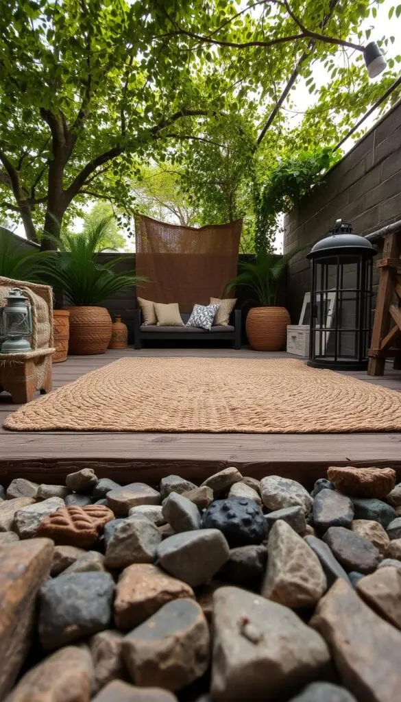 A cozy outdoor scene with a variety of natural and man-made textures. In the foreground, rough-hewn wooden planks and smooth river rocks create a rustic, earthy base. Midground features a woven jute rug, its intricate pattern adding visual interest. Overhead, a canopy of lush greenery casts dappled light, creating a soft, muted atmosphere. Accents of weathered metal, like an antique lantern, introduce industrial elements. The overall composition evokes a sense of warmth and tactile comfort, inviting the viewer to linger and experience the harmonious layering of varied surfaces and materials.