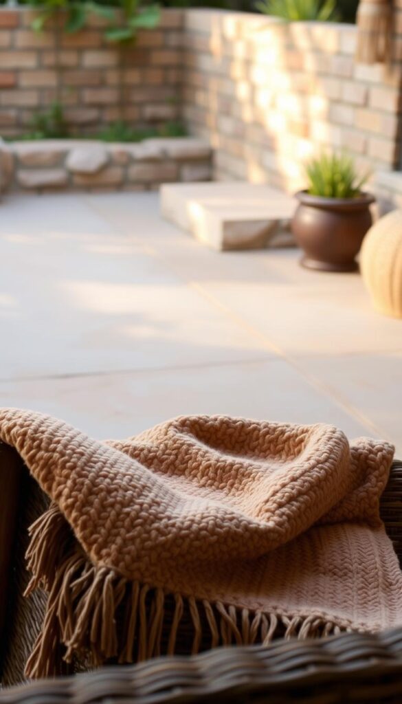 A cozy outdoor scene with a warm, inviting atmosphere. In the foreground, a plush, textured throw blanket in earthy tones, draped casually over a wicker or wooden bench. The middle ground features a smooth, weathered stone or concrete surface, reflecting the soft, diffused light. In the background, a textured brick or stucco wall, with subtle shadows and highlights that add depth and character. The lighting is gentle, creating a soft, ambient glow that envelops the entire scene. The overall composition evokes a sense of comfort, relaxation, and easy living in an outdoor oasis. A cozy outdoor scene with a warm, inviting atmosphere. In the foreground, a plush, textured throw blanket in earthy tones, draped casually over a wicker or wooden bench. The middle ground features a smooth, weathered stone or concrete surface, reflecting the soft, diffused light. In the background, a textured brick or stucco wall, with subtle shadows and highlights that add depth and character. The lighting is gentle, creating a soft, ambient glow that envelops the entire scene. The overall composition evokes a sense of comfort, relaxation, and easy living in an outdoor oasis.