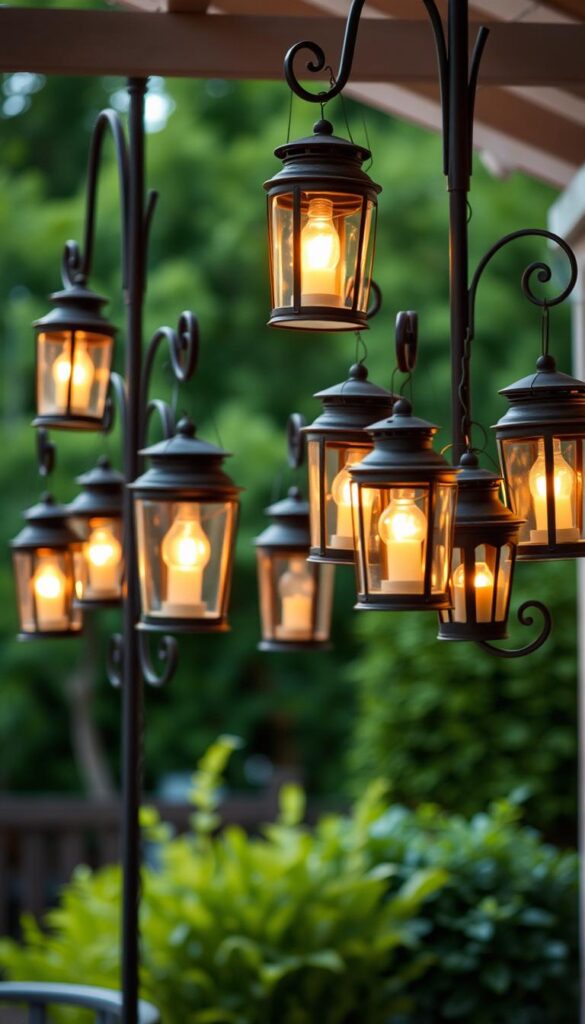A cozy outdoor scene with hanging lanterns gently swaying in the soft breeze. Elegant wrought-iron shepherd's hooks support clusters of vintage-inspired lanterns, their warm glow casting a romantic ambiance. The lanterns are arranged in a visually pleasing, staggered pattern, creating depth and visual interest. The background features a lush, verdant garden or patio with subtle hints of greenery peeking through. The lighting is modeled after natural evening illumination, with a subtle vignette effect to draw the eye to the center of the frame. The overall mood is one of inviting, festive charm, perfectly suited for an outdoor gathering or intimate backyard soirée. A cozy outdoor scene with hanging lanterns gently swaying in the soft breeze. Elegant wrought-iron shepherd's hooks support clusters of vintage-inspired lanterns, their warm glow casting a romantic ambiance. The lanterns are arranged in a visually pleasing, staggered pattern, creating depth and visual interest. The background features a lush, verdant garden or patio with subtle hints of greenery peeking through. The lighting is modeled after natural evening illumination, with a subtle vignette effect to draw the eye to the center of the frame. The overall mood is one of inviting, festive charm, perfectly suited for an outdoor gathering or intimate backyard soirée.