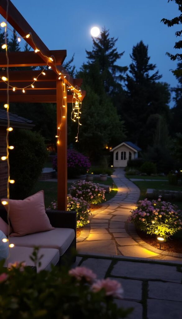 A cozy outdoor space with soft, warm lighting in the foreground. Delicate fairy lights draped across a wooden pergola, casting a gentle glow over a seating area with plush cushions. In the middle ground, a stone path winds through lush, flowering shrubs, illuminated by discreet ground lights. The background features a serene, moonlit garden, with towering trees and the silhouette of a quaint garden shed. The overall atmosphere is one of tranquility and inviting ambiance, perfect for relaxing on a summer evening. A cozy outdoor space with soft, warm lighting in the foreground. Delicate fairy lights draped across a wooden pergola, casting a gentle glow over a seating area with plush cushions. In the middle ground, a stone path winds through lush, flowering shrubs, illuminated by discreet ground lights. The background features a serene, moonlit garden, with towering trees and the silhouette of a quaint garden shed. The overall atmosphere is one of tranquility and inviting ambiance, perfect for relaxing on a summer evening.