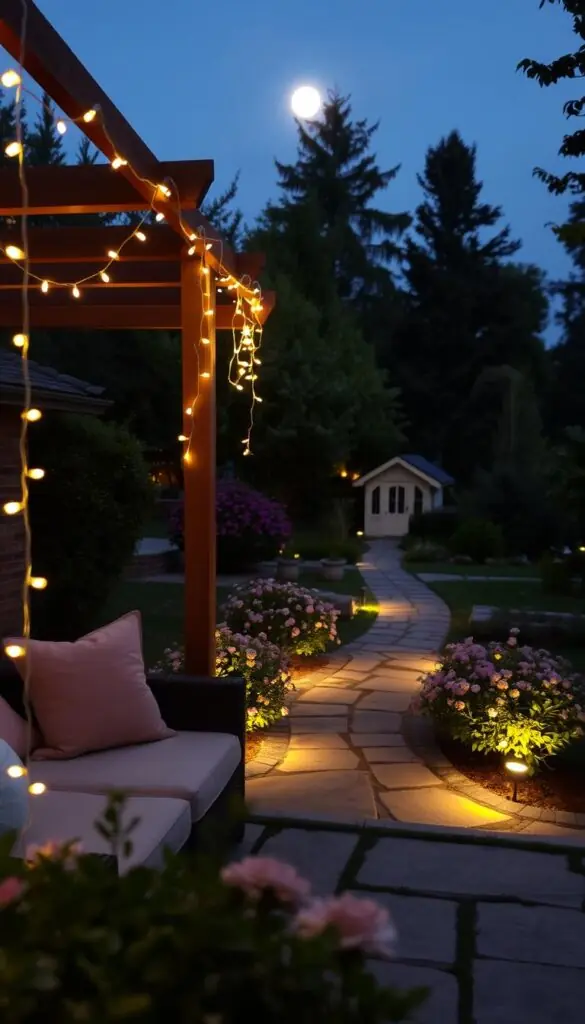 A cozy outdoor space with soft, warm lighting in the foreground. Delicate fairy lights draped across a wooden pergola, casting a gentle glow over a seating area with plush cushions. In the middle ground, a stone path winds through lush, flowering shrubs, illuminated by discreet ground lights. The background features a serene, moonlit garden, with towering trees and the silhouette of a quaint garden shed. The overall atmosphere is one of tranquility and inviting ambiance, perfect for relaxing on a summer evening. A cozy outdoor space with soft, warm lighting in the foreground. Delicate fairy lights draped across a wooden pergola, casting a gentle glow over a seating area with plush cushions. In the middle ground, a stone path winds through lush, flowering shrubs, illuminated by discreet ground lights. The background features a serene, moonlit garden, with towering trees and the silhouette of a quaint garden shed. The overall atmosphere is one of tranquility and inviting ambiance, perfect for relaxing on a summer evening.