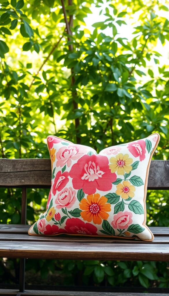 A cozy outdoor throw pillow with a vibrant floral pattern in shades of pink, orange, and green. The pillow is positioned on a weathered wooden bench against a backdrop of lush, verdant foliage. Soft, diffused sunlight filters through the leaves, casting a warm, inviting glow on the scene. The textured fabric of the pillow invites touch, promising comfort and style for any outdoor living space. The composition is balanced and visually appealing, showcasing how effortlessly mix-and-match pillows can elevate the look and feel of an outdoor area. A cozy outdoor throw pillow with a vibrant floral pattern in shades of pink, orange, and green. The pillow is positioned on a weathered wooden bench against a backdrop of lush, verdant foliage. Soft, diffused sunlight filters through the leaves, casting a warm, inviting glow on the scene. The textured fabric of the pillow invites touch, promising comfort and style for any outdoor living space. The composition is balanced and visually appealing, showcasing how effortlessly mix-and-match pillows can elevate the look and feel of an outdoor area.