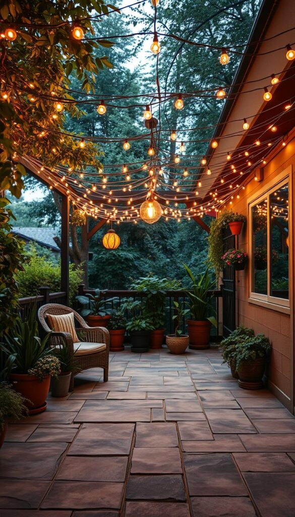 A cozy patio adorned with a captivating array of string lights, creating a magical "ceiling of light" overhead. The lights are strung across the space, their warm, glowing bulbs casting a soft, inviting ambiance. The patio is paved with weathered stone tiles, blending seamlessly with the surrounding lush greenery and potted plants. Subtle shadows dance across the surface, adding depth and dimension to the scene. A wicker armchair nestled in the corner invites relaxation, while the distant sound of rustling leaves heightens the serene atmosphere. The entire setup exudes a sense of tranquility and wonder, perfectly capturing the essence of "Create a 'Ceiling' of Light on the Patio". A cozy patio adorned with a captivating array of string lights, creating a magical "ceiling of light" overhead. The lights are strung across the space, their warm, glowing bulbs casting a soft, inviting ambiance. The patio is paved with weathered stone tiles, blending seamlessly with the surrounding lush greenery and potted plants. Subtle shadows dance across the surface, adding depth and dimension to the scene. A wicker armchair nestled in the corner invites relaxation, while the distant sound of rustling leaves heightens the serene atmosphere. The entire setup exudes a sense of tranquility and wonder, perfectly capturing the essence of "Create a 'Ceiling' of Light on the Patio".