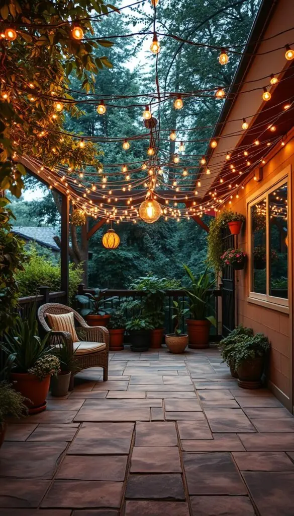 A cozy patio adorned with a captivating array of string lights, creating a magical "ceiling of light" overhead. The lights are strung across the space, their warm, glowing bulbs casting a soft, inviting ambiance. The patio is paved with weathered stone tiles, blending seamlessly with the surrounding lush greenery and potted plants. Subtle shadows dance across the surface, adding depth and dimension to the scene. A wicker armchair nestled in the corner invites relaxation, while the distant sound of rustling leaves heightens the serene atmosphere. The entire setup exudes a sense of tranquility and wonder, perfectly capturing the essence of "Create a 'Ceiling' of Light on the Patio".