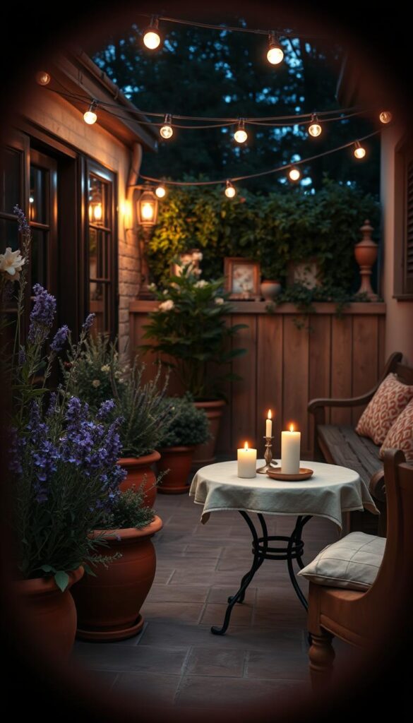 A cozy patio at dusk, soft string lights overhead casting a warm glow. Terracotta pots brimming with fragrant herbs and flowers - lavender, rosemary, jasmine - their gentle scents wafting through the air. A small table set with a linen cloth, candles flickering, inviting an unplugged evening of conversation and relaxation. A wooden bench along the far wall, plush cushions beckoning. The scene captured through a vintage camera lens, the edges slightly blurred, evoking a timeless, nostalgic ambiance.