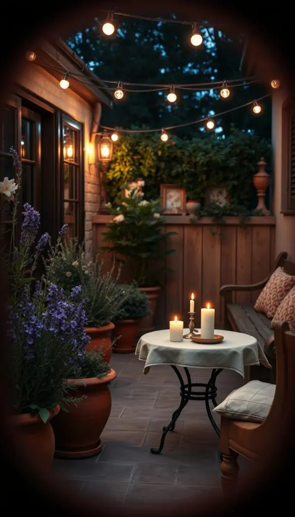 A cozy patio at dusk, soft string lights overhead casting a warm glow. Terracotta pots brimming with fragrant herbs and flowers - lavender, rosemary, jasmine - their gentle scents wafting through the air. A small table set with a linen cloth, candles flickering, inviting an unplugged evening of conversation and relaxation. A wooden bench along the far wall, plush cushions beckoning. The scene captured through a vintage camera lens, the edges slightly blurred, evoking a timeless, nostalgic ambiance. A cozy patio at dusk, soft string lights overhead casting a warm glow. Terracotta pots brimming with fragrant herbs and flowers - lavender, rosemary, jasmine - their gentle scents wafting through the air. A small table set with a linen cloth, candles flickering, inviting an unplugged evening of conversation and relaxation. A wooden bench along the far wall, plush cushions beckoning. The scene captured through a vintage camera lens, the edges slightly blurred, evoking a timeless, nostalgic ambiance.
