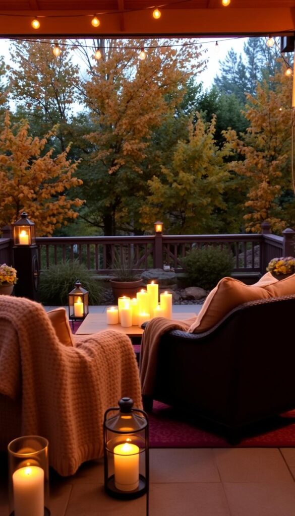 A cozy patio at dusk, warmed by the soft glow of outdoor lanterns. In the foreground, a pair of plush armchairs are draped with knitted throws, inviting guests to sink into their comforting embrace. The middle ground features a low, wooden coffee table, topped with a cluster of flickering candles, their flames dancing in the gentle breeze. In the background, the patio is framed by lush, autumnal foliage, casting a warm, amber hue over the entire scene. The overall atmosphere is one of tranquility and relaxation, perfect for chilly fall evenings spent savoring the last moments of daylight. A cozy patio at dusk, warmed by the soft glow of outdoor lanterns. In the foreground, a pair of plush armchairs are draped with knitted throws, inviting guests to sink into their comforting embrace. The middle ground features a low, wooden coffee table, topped with a cluster of flickering candles, their flames dancing in the gentle breeze. In the background, the patio is framed by lush, autumnal foliage, casting a warm, amber hue over the entire scene. The overall atmosphere is one of tranquility and relaxation, perfect for chilly fall evenings spent savoring the last moments of daylight.