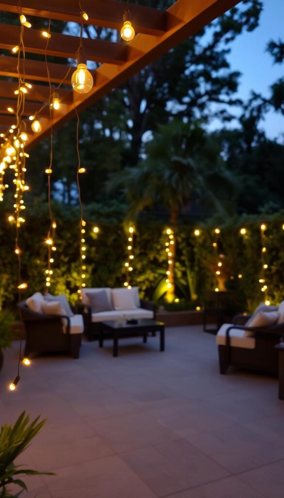 A cozy patio bathed in the warm glow of string lights, creating a serene and inviting atmosphere. In the foreground, well-placed string lights cascade gracefully from a pergola, casting a soft, ambient light across the patio's smooth, stone-tiled surface. In the middle ground, comfortable outdoor furniture, such as plush sofas and armchairs, invite guests to relax and unwind. The background is filled with lush, verdant foliage, adding a natural, enchanting element to the scene. The lighting is balanced, with the string lights providing a subtle, romantic illumination that complements the overall ambiance. The camera angle is slightly elevated, capturing the entire patio layout and showcasing the intentional, well-thought-out design. A cozy patio bathed in the warm glow of string lights, creating a serene and inviting atmosphere. In the foreground, well-placed string lights cascade gracefully from a pergola, casting a soft, ambient light across the patio's smooth, stone-tiled surface. In the middle ground, comfortable outdoor furniture, such as plush sofas and armchairs, invite guests to relax and unwind. The background is filled with lush, verdant foliage, adding a natural, enchanting element to the scene. The lighting is balanced, with the string lights providing a subtle, romantic illumination that complements the overall ambiance. The camera angle is slightly elevated, capturing the entire patio layout and showcasing the intentional, well-thought-out design.