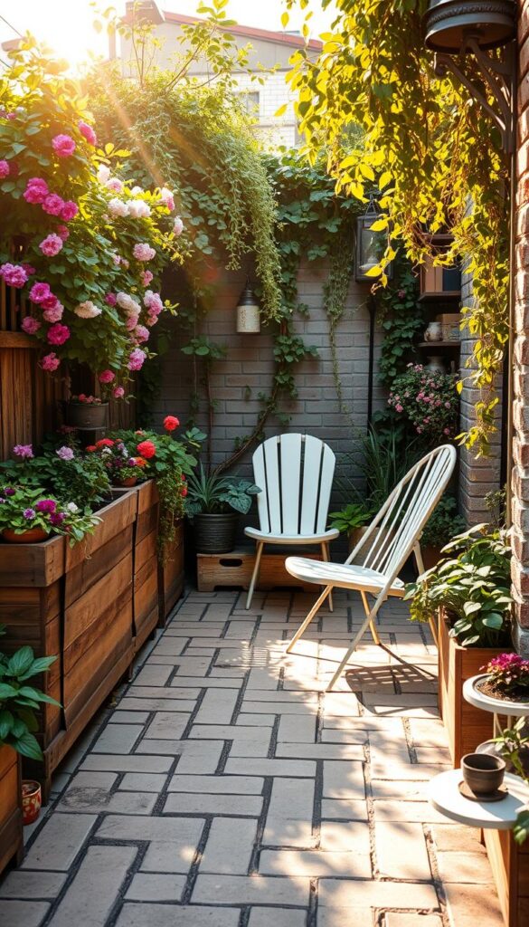 A cozy patio nestled in a lush, compact garden. Rustic wooden planters overflow with vibrant blooms and trailing vines. A pair of chic, minimalist chairs invite relaxation, bathed in warm, golden sunlight filtering through delicate greenery. Weathered bricks line the ground, leading to a small, intimate seating area. Hanging plants sway gently, casting gentle shadows. The overall scene exudes a sense of tranquility and effortless charm, perfect for a compact, urban oasis.