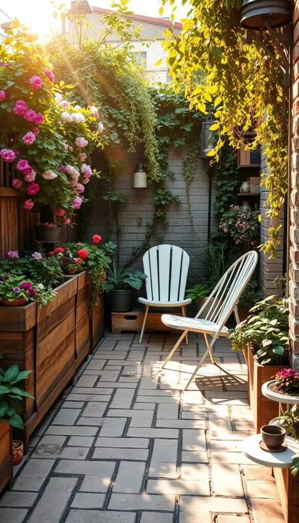 A cozy patio nestled in a lush, compact garden. Rustic wooden planters overflow with vibrant blooms and trailing vines. A pair of chic, minimalist chairs invite relaxation, bathed in warm, golden sunlight filtering through delicate greenery. Weathered bricks line the ground, leading to a small, intimate seating area. Hanging plants sway gently, casting gentle shadows. The overall scene exudes a sense of tranquility and effortless charm, perfect for a compact, urban oasis. A cozy patio nestled in a lush, compact garden. Rustic wooden planters overflow with vibrant blooms and trailing vines. A pair of chic, minimalist chairs invite relaxation, bathed in warm, golden sunlight filtering through delicate greenery. Weathered bricks line the ground, leading to a small, intimate seating area. Hanging plants sway gently, casting gentle shadows. The overall scene exudes a sense of tranquility and effortless charm, perfect for a compact, urban oasis.