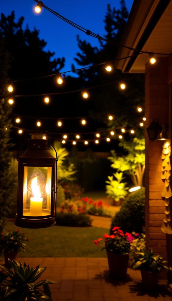 A cozy patio scene bathed in a warm, golden glow. In the foreground, a pair of rustic lanterns cast a soft, ambient light, their flames flickering gently. In the middle ground, string lights dangle overhead, creating a festive, inviting atmosphere. The background features a well-manicured garden, with lush greenery and colorful flowers illuminated by strategically placed outdoor spotlights. The entire scene has a tranquil, enchanting quality, perfect for extending outdoor gatherings well into the evening hours. A cozy patio scene bathed in a warm, golden glow. In the foreground, a pair of rustic lanterns cast a soft, ambient light, their flames flickering gently. In the middle ground, string lights dangle overhead, creating a festive, inviting atmosphere. The background features a well-manicured garden, with lush greenery and colorful flowers illuminated by strategically placed outdoor spotlights. The entire scene has a tranquil, enchanting quality, perfect for extending outdoor gatherings well into the evening hours.