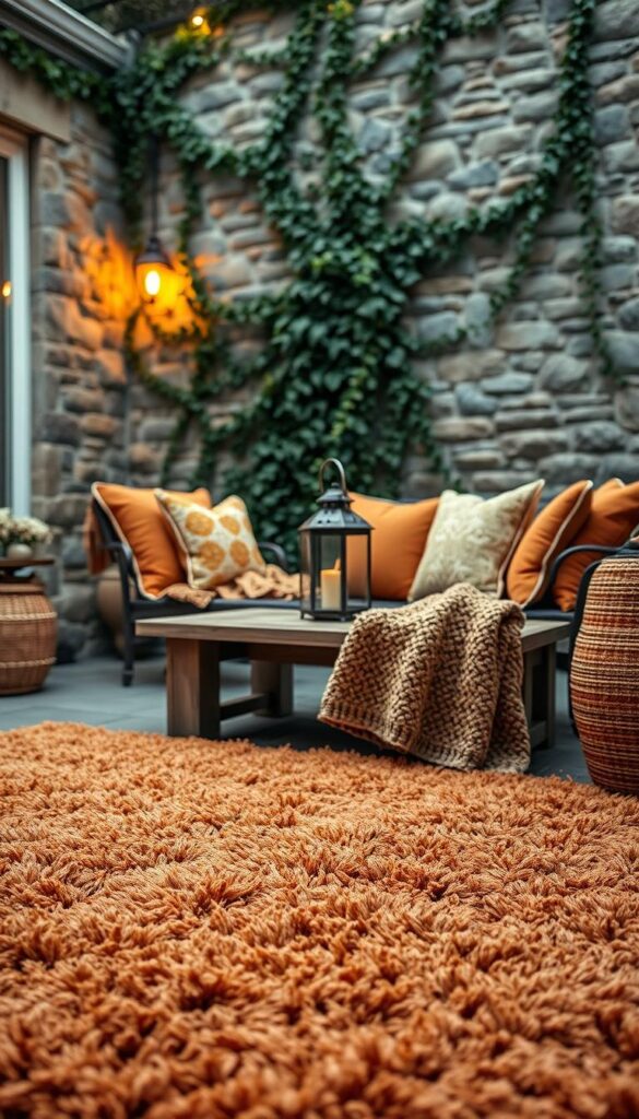 A cozy patio scene with layered textures and inviting warmth. In the foreground, a plush area rug in earthy tones of ochre and terracotta, its soft pile beckoning visitors to sink in. Atop it, a chunky knit throw in a complementary shade, draped casually over a weathered wood bench. In the middle ground, a low coffee table with a vintage-inspired lantern casting a gentle glow, surrounded by complementary pillows in velvety fabrics. In the background, a stone wall is adorned with trailing ivy, adding to the sense of enveloping comfort. Warm, diffused lighting filters through, creating a moody, intimate atmosphere that invites lingering on cool autumn evenings. A cozy patio scene with layered textures and inviting warmth. In the foreground, a plush area rug in earthy tones of ochre and terracotta, its soft pile beckoning visitors to sink in. Atop it, a chunky knit throw in a complementary shade, draped casually over a weathered wood bench. In the middle ground, a low coffee table with a vintage-inspired lantern casting a gentle glow, surrounded by complementary pillows in velvety fabrics. In the background, a stone wall is adorned with trailing ivy, adding to the sense of enveloping comfort. Warm, diffused lighting filters through, creating a moody, intimate atmosphere that invites lingering on cool autumn evenings.