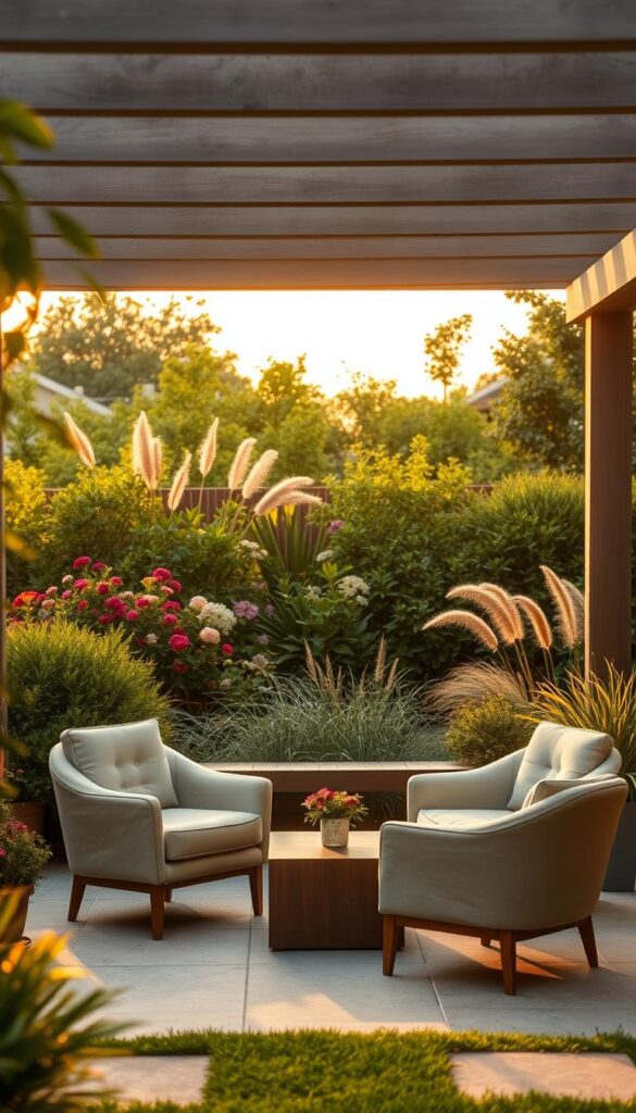 A cozy patio seating area nestled in a lush, verdant garden. In the foreground, a pair of plush, modern armchairs in a neutral tone are arranged around a sleek, minimalist coffee table, inviting relaxation. The middle ground features a low-profile, wooden bench that doubles as additional seating or a place to display potted plants. Overhead, a pergola structure casts gentle shadows, creating a warm, intimate ambiance. The background showcases a diverse array of flowering shrubs and ornamental grasses, framing the scene with a touch of natural beauty. The lighting is soft and diffused, as if illuminated by the golden glow of a sunset, enhancing the serene, tranquil atmosphere. A cozy patio seating area nestled in a lush, verdant garden. In the foreground, a pair of plush, modern armchairs in a neutral tone are arranged around a sleek, minimalist coffee table, inviting relaxation. The middle ground features a low-profile, wooden bench that doubles as additional seating or a place to display potted plants. Overhead, a pergola structure casts gentle shadows, creating a warm, intimate ambiance. The background showcases a diverse array of flowering shrubs and ornamental grasses, framing the scene with a touch of natural beauty. The lighting is soft and diffused, as if illuminated by the golden glow of a sunset, enhancing the serene, tranquil atmosphere.