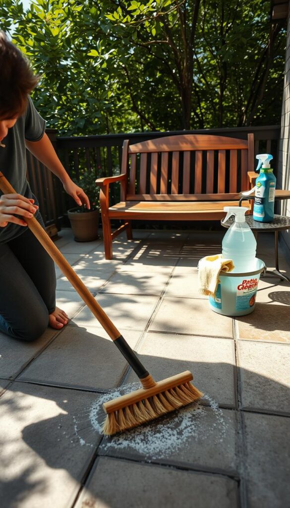 A cozy patio setting, sunlight filtering through lush foliage, as a person kneels down, scrubbing the stone tiles with a long-handled brush, removing grime and mildew. In the background, a wooden bench stands ready, freshly oiled and gleaming. Nearby, a small table displays an array of cleaning supplies - a bucket of soapy water, a rag, and a bottle of patio cleaner. The air is crisp and refreshing, inviting one to breathe deeply and savor the start of a new season. A sense of renewal and rejuvenation permeates the scene, captured through a wide-angle lens that emphasizes the tranquility and simplicity of this patio refresh. A cozy patio setting, sunlight filtering through lush foliage, as a person kneels down, scrubbing the stone tiles with a long-handled brush, removing grime and mildew. In the background, a wooden bench stands ready, freshly oiled and gleaming. Nearby, a small table displays an array of cleaning supplies - a bucket of soapy water, a rag, and a bottle of patio cleaner. The air is crisp and refreshing, inviting one to breathe deeply and savor the start of a new season. A sense of renewal and rejuvenation permeates the scene, captured through a wide-angle lens that emphasizes the tranquility and simplicity of this patio refresh.