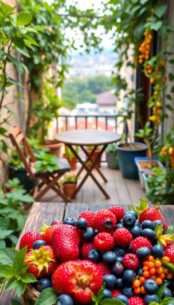 A cozy patio setting, with a rustic wooden table and chairs, surrounded by lush, verdant foliage. In the foreground, a bountiful arrangement of plump, juicy berries - vibrant red strawberries, deep blue blueberries, and golden goji berries, all glistening in the warm, natural lighting. The middle ground features a mix of potted plants and trailing vines, creating a serene, intimate atmosphere. In the background, a softly blurred cityscape or garden view provides a sense of place. The overall composition evokes a feeling of tranquility, abundance, and the simple pleasures of a small, well-curated outdoor space. A cozy patio setting, with a rustic wooden table and chairs, surrounded by lush, verdant foliage. In the foreground, a bountiful arrangement of plump, juicy berries - vibrant red strawberries, deep blue blueberries, and golden goji berries, all glistening in the warm, natural lighting. The middle ground features a mix of potted plants and trailing vines, creating a serene, intimate atmosphere. In the background, a softly blurred cityscape or garden view provides a sense of place. The overall composition evokes a feeling of tranquility, abundance, and the simple pleasures of a small, well-curated outdoor space.