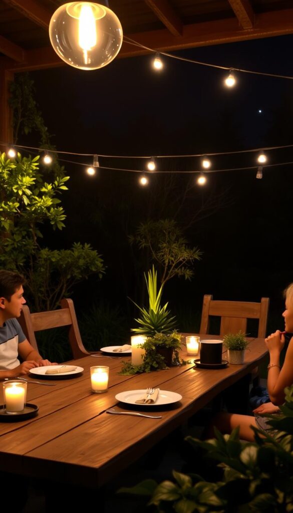A cozy patio setting with a warm, inviting glow. A rustic wooden table is set for an alfresco dinner, its surface illuminated by the soft light of candles and string lights overhead. The patio is surrounded by lush greenery, creating a sense of seclusion and tranquility. The lighting casts a gentle, romantic ambiance, drawing the eye to the delicate tableware and the faces of the diners, their expressions softly lit. The background is hazy, with the faint silhouettes of trees and a starry night sky beyond, emphasizing the intimate, atmospheric quality of the scene. A cozy patio setting with a warm, inviting glow. A rustic wooden table is set for an alfresco dinner, its surface illuminated by the soft light of candles and string lights overhead. The patio is surrounded by lush greenery, creating a sense of seclusion and tranquility. The lighting casts a gentle, romantic ambiance, drawing the eye to the delicate tableware and the faces of the diners, their expressions softly lit. The background is hazy, with the faint silhouettes of trees and a starry night sky beyond, emphasizing the intimate, atmospheric quality of the scene.