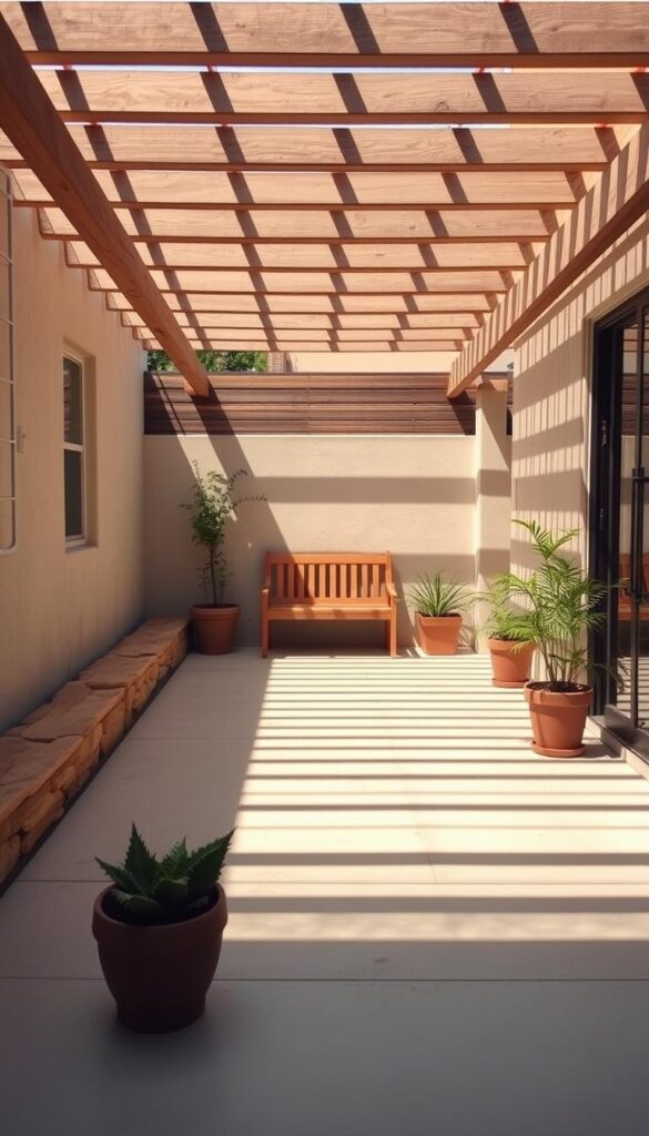 A cozy patio with a clean, minimalist design, bathed in warm afternoon sunlight. The smooth, light-colored concrete floor is framed by a low stone wall, creating a tranquil outdoor oasis. A few potted plants and a simple wooden bench invite relaxation. Overhead, a slatted wood pergola casts gentle shadows, adding depth and texture. The scene exudes a sense of calm and simplicity, perfect for a budget-friendly outdoor refresh.