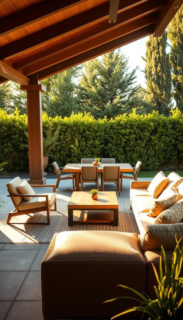 A cozy patio with a stylish arrangement of outdoor furniture, bathed in warm, golden sunlight. In the foreground, a plush sectional sofa with soft, weatherproof cushions invites relaxation. Flanking it, a pair of modern, low-profile armchairs with sleek, angular lines. In the middle ground, a large, wooden dining table surrounded by sturdy, minimalist chairs, perfect for alfresco meals. In the background, lush, verdant greenery frames the scene, creating a serene, naturalistic atmosphere. The overall vibe is one of laid-back elegance, perfectly suited for creating a backyard entertaining zone that reflects the homeowner's personal style and lifestyle.