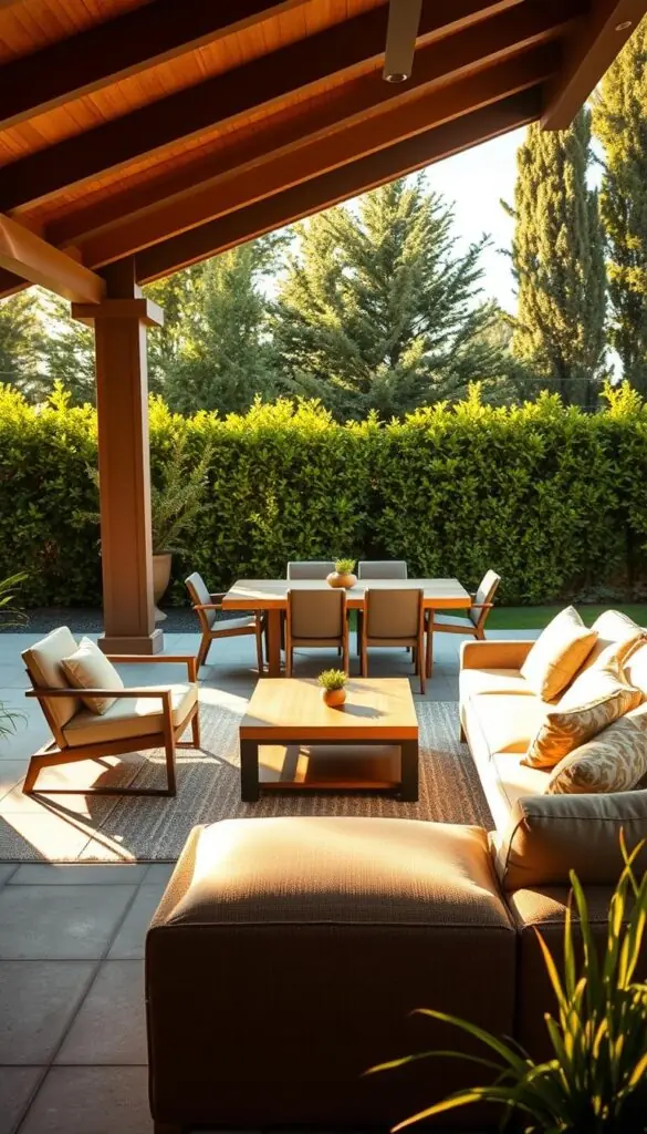 A cozy patio with a stylish arrangement of outdoor furniture, bathed in warm, golden sunlight. In the foreground, a plush sectional sofa with soft, weatherproof cushions invites relaxation. Flanking it, a pair of modern, low-profile armchairs with sleek, angular lines. In the middle ground, a large, wooden dining table surrounded by sturdy, minimalist chairs, perfect for alfresco meals. In the background, lush, verdant greenery frames the scene, creating a serene, naturalistic atmosphere. The overall vibe is one of laid-back elegance, perfectly suited for creating a backyard entertaining zone that reflects the homeowner's personal style and lifestyle.