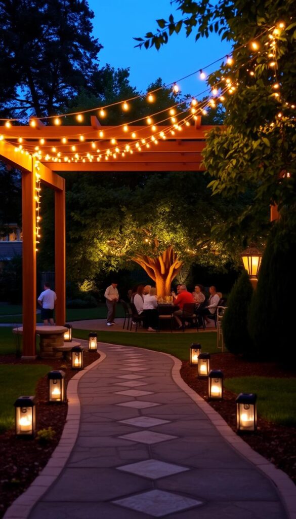 A cozy pergola draped in warm string lights casts a soft glow over a patio filled with guests gathered around a lush tree. In the foreground, a winding path leads the way, illuminated by solar-powered lanterns lining the edges. The background is a tranquil yard, with the gentle flicker of the lights reflected in the windows of the nearby home, creating a welcoming, inviting atmosphere perfect for an evening of outdoor entertaining.