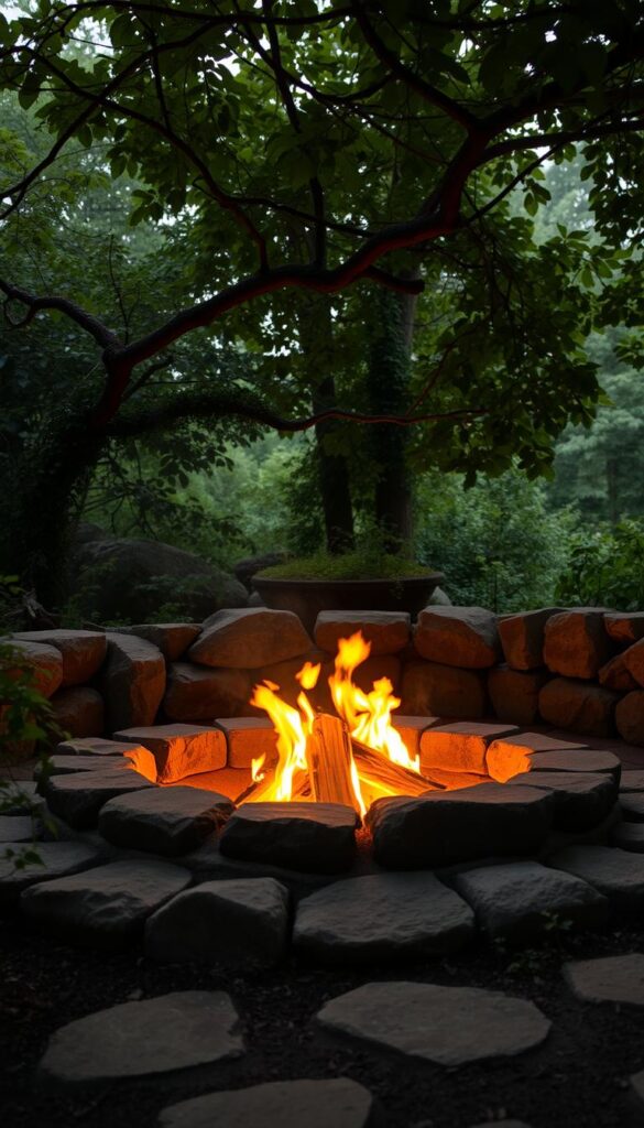 A cozy, rustic fire pit nestled in a lush, natural setting. Warm, flickering flames cast a soft glow across the scene, illuminating a sturdy, stone-lined pit surrounded by verdant foliage. Smooth, earthy stones line the fire's edge, inviting guests to gather round and bask in the comforting radiance. Overhead, a canopy of trees filters the ambient light, creating a serene, intimate atmosphere perfect for cherished moments with friends and family. The image captures the allure of an outdoor sanctuary where the simple pleasure of a crackling fire becomes the centerpiece for togetherness and relaxation.