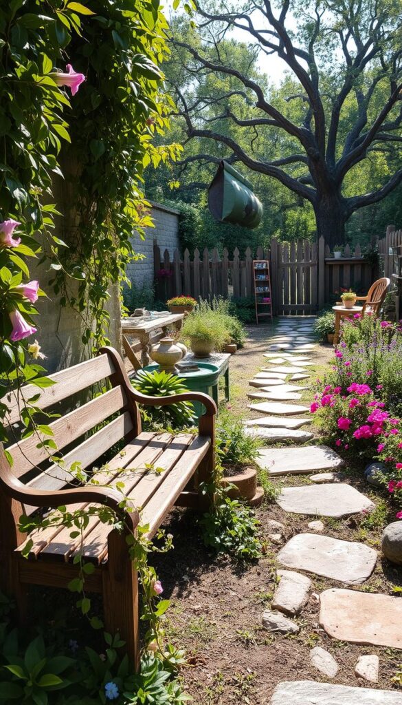 A cozy rustic garden nestled in a secluded corner, sunlight filtering through lush foliage. In the foreground, a well-worn wooden bench invites visitors to pause and soak in the peaceful ambiance. Trailing vines and fragrant flowers spill over the edges, creating a sense of timeless charm. The middle ground features a stone path winding through a mix of lush greenery, vibrant blooms, and weathered garden decor. In the background, a sturdy wooden fence and a few ancient trees frame the scene, hinting at the garden's long history. The overall mood is one of natural tranquility, where the passage of time is gently marked by the well-worn textures and organic materials.