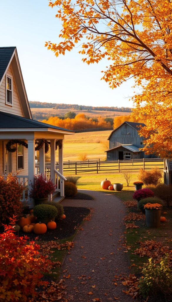 A cozy, seasonal exterior scene set in the American heartland, bathed in warm autumn light. In the foreground, a charming country cottage with a freshly painted porch and gabled roof, surrounded by vibrant foliage in shades of orange, red, and gold. The middle ground features a meandering path leading through a well-manicured garden, dotted with pumpkins and seasonal planters. In the background, a rolling hillside landscape with a weathered barn and a distant treeline, creating a serene and inviting atmosphere. The overall scene conveys a sense of rustic elegance and the comforting embrace of the changing seasons. A cozy, seasonal exterior scene set in the American heartland, bathed in warm autumn light. In the foreground, a charming country cottage with a freshly painted porch and gabled roof, surrounded by vibrant foliage in shades of orange, red, and gold. The middle ground features a meandering path leading through a well-manicured garden, dotted with pumpkins and seasonal planters. In the background, a rolling hillside landscape with a weathered barn and a distant treeline, creating a serene and inviting atmosphere. The overall scene conveys a sense of rustic elegance and the comforting embrace of the changing seasons.