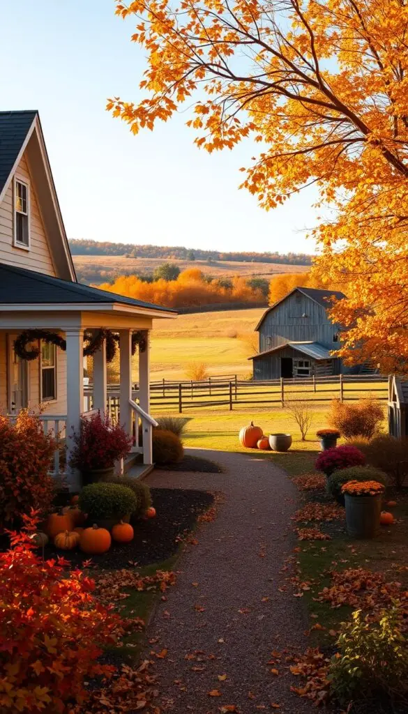 A cozy, seasonal exterior scene set in the American heartland, bathed in warm autumn light. In the foreground, a charming country cottage with a freshly painted porch and gabled roof, surrounded by vibrant foliage in shades of orange, red, and gold. The middle ground features a meandering path leading through a well-manicured garden, dotted with pumpkins and seasonal planters. In the background, a rolling hillside landscape with a weathered barn and a distant treeline, creating a serene and inviting atmosphere. The overall scene conveys a sense of rustic elegance and the comforting embrace of the changing seasons.