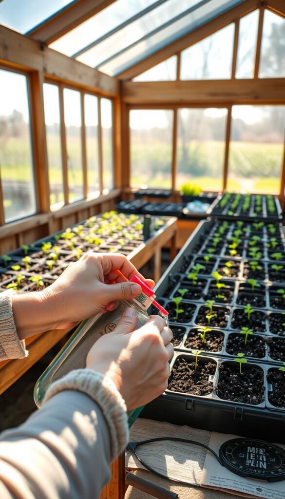 A cozy seed-starting setup in a late-winter greenhouse. Sunlight streams through large windows, casting a warm glow over wooden shelves filled with trays of soil-filled pots. Tiny green seedlings peek out from the soil, reaching towards the light. In the foreground, a gardener's hands tenderly water the delicate plants, their focused expression mirroring the care they put into this early stage of growth. The background reveals a lush spring landscape beyond the glass, hinting at the vibrant garden to come from these humble beginnings. A cozy seed-starting setup in a late-winter greenhouse. Sunlight streams through large windows, casting a warm glow over wooden shelves filled with trays of soil-filled pots. Tiny green seedlings peek out from the soil, reaching towards the light. In the foreground, a gardener's hands tenderly water the delicate plants, their focused expression mirroring the care they put into this early stage of growth. The background reveals a lush spring landscape beyond the glass, hinting at the vibrant garden to come from these humble beginnings.