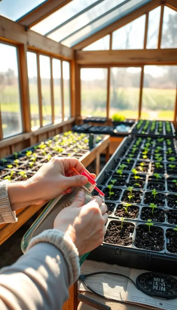 A cozy seed-starting setup in a late-winter greenhouse. Sunlight streams through large windows, casting a warm glow over wooden shelves filled with trays of soil-filled pots. Tiny green seedlings peek out from the soil, reaching towards the light. In the foreground, a gardener's hands tenderly water the delicate plants, their focused expression mirroring the care they put into this early stage of growth. The background reveals a lush spring landscape beyond the glass, hinting at the vibrant garden to come from these humble beginnings. A cozy seed-starting setup in a late-winter greenhouse. Sunlight streams through large windows, casting a warm glow over wooden shelves filled with trays of soil-filled pots. Tiny green seedlings peek out from the soil, reaching towards the light. In the foreground, a gardener's hands tenderly water the delicate plants, their focused expression mirroring the care they put into this early stage of growth. The background reveals a lush spring landscape beyond the glass, hinting at the vibrant garden to come from these humble beginnings.