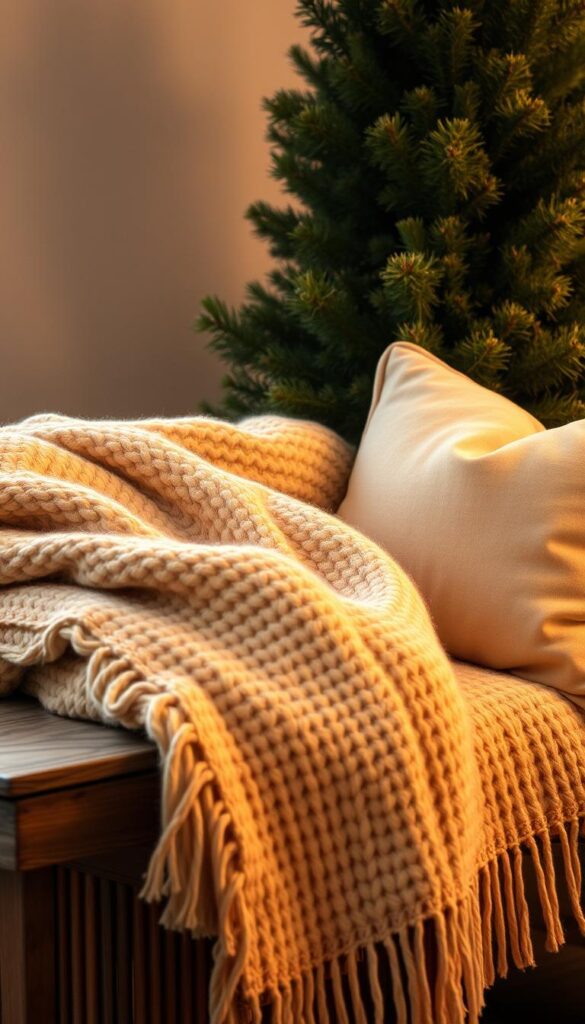 A cozy, soft texture of woven wool blankets and plush velvet pillows, draped over a rustic wooden bench. Warm, ambient lighting casts a golden glow, creating a sense of winter tranquility. In the background, a lush evergreen plant, its deep green foliage a vibrant contrast against the neutral tones. The scene evokes a feeling of comfort and coziness, perfect for snuggling up on a chilly winter day. A cozy, soft texture of woven wool blankets and plush velvet pillows, draped over a rustic wooden bench. Warm, ambient lighting casts a golden glow, creating a sense of winter tranquility. In the background, a lush evergreen plant, its deep green foliage a vibrant contrast against the neutral tones. The scene evokes a feeling of comfort and coziness, perfect for snuggling up on a chilly winter day.