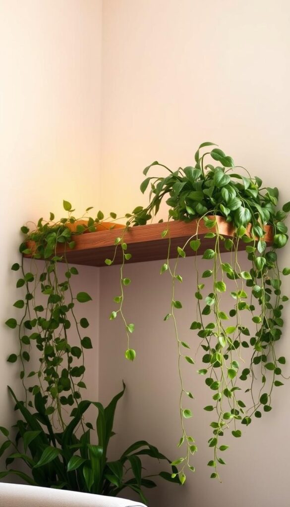 A cozy, softly-lit living room corner with a wooden floating shelf, adorned with a cascade of lush, trailing plants that gently spill over the edges. The plants, in shades of verdant green and delicate vines, create a sense of movement and flow, softening the rigid lines of the shelf. Warm, diffused lighting filters through the foliage, casting a gentle, natural glow. The composition emphasizes the harmony between the structured shelf and the organic, dynamic plants, inviting a sense of tranquility and a touch of whimsy.