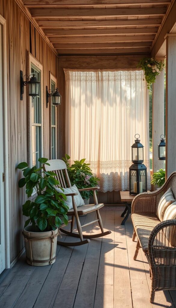 A cozy, sun-drenched vintage porch, its weathered wooden boards and peeling paint telling tales of bygone eras. Lush potted plants adorn the corners, their verdant leaves casting gentle shadows. An old rocking chair invites leisurely afternoons, its worn cushions a testament to countless hours of relaxation. Delicate lace curtains flutter in the soft breeze, filtering the warm light that bathes the space in a soft, golden glow. Antique lanterns and a rustic wicker settee complete the scene, creating a timeless, nostalgic atmosphere that transports the viewer to a simpler, more tranquil time.
