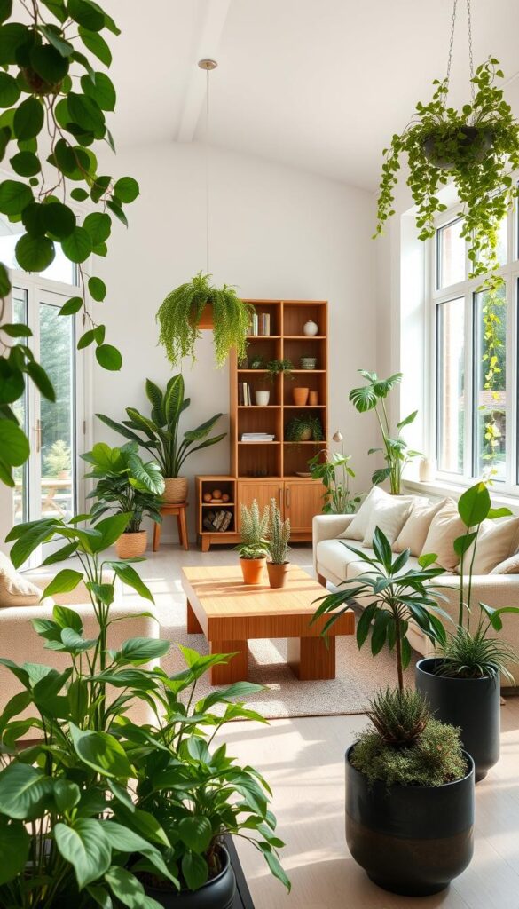 A cozy, sun-filled interior with lush greenery adorning various corners. A minimalist, Scandinavian-inspired living room with floor-to-ceiling windows, allowing natural light to stream in. Carefully curated arrangements of potted plants in the foreground, including leafy floor-standing specimens, hanging planters, and compact succulents on side tables. The middle ground features an elegant wooden coffee table, complemented by plush seating in neutral tones. In the background, a wooden bookshelf or media console acts as a natural backdrop, accentuating the verdant foliage. The overall scene conveys a harmonious blend of nature and modern design, creating a serene and rejuvenating atmosphere. A cozy, sun-filled interior with lush greenery adorning various corners. A minimalist, Scandinavian-inspired living room with floor-to-ceiling windows, allowing natural light to stream in. Carefully curated arrangements of potted plants in the foreground, including leafy floor-standing specimens, hanging planters, and compact succulents on side tables. The middle ground features an elegant wooden coffee table, complemented by plush seating in neutral tones. In the background, a wooden bookshelf or media console acts as a natural backdrop, accentuating the verdant foliage. The overall scene conveys a harmonious blend of nature and modern design, creating a serene and rejuvenating atmosphere.