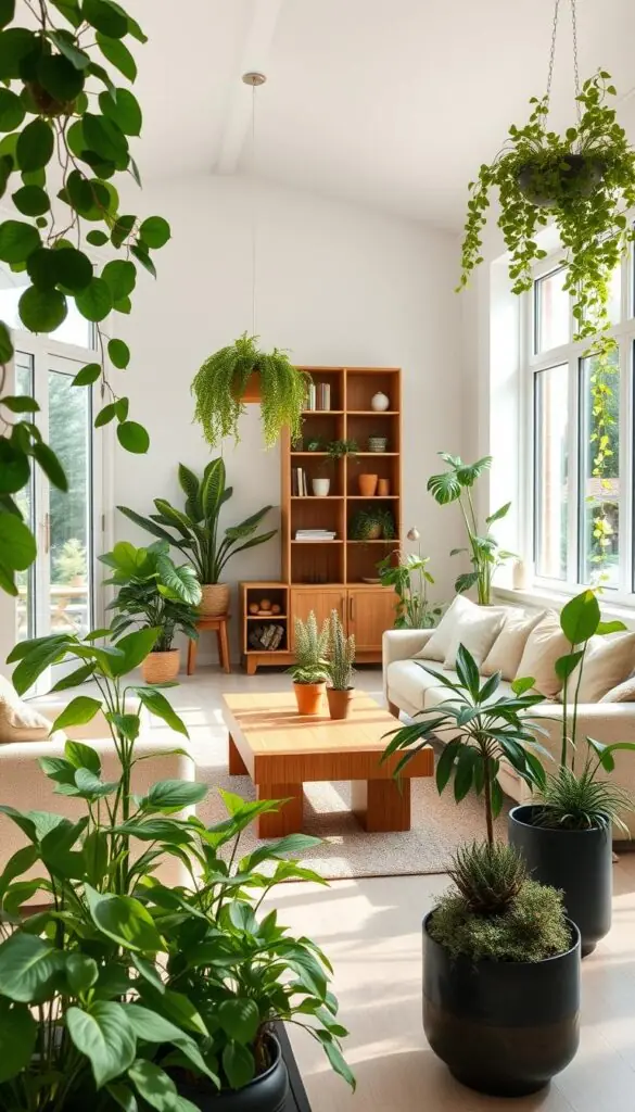 A cozy, sun-filled interior with lush greenery adorning various corners. A minimalist, Scandinavian-inspired living room with floor-to-ceiling windows, allowing natural light to stream in. Carefully curated arrangements of potted plants in the foreground, including leafy floor-standing specimens, hanging planters, and compact succulents on side tables. The middle ground features an elegant wooden coffee table, complemented by plush seating in neutral tones. In the background, a wooden bookshelf or media console acts as a natural backdrop, accentuating the verdant foliage. The overall scene conveys a harmonious blend of nature and modern design, creating a serene and rejuvenating atmosphere. A cozy, sun-filled interior with lush greenery adorning various corners. A minimalist, Scandinavian-inspired living room with floor-to-ceiling windows, allowing natural light to stream in. Carefully curated arrangements of potted plants in the foreground, including leafy floor-standing specimens, hanging planters, and compact succulents on side tables. The middle ground features an elegant wooden coffee table, complemented by plush seating in neutral tones. In the background, a wooden bookshelf or media console acts as a natural backdrop, accentuating the verdant foliage. The overall scene conveys a harmonious blend of nature and modern design, creating a serene and rejuvenating atmosphere.