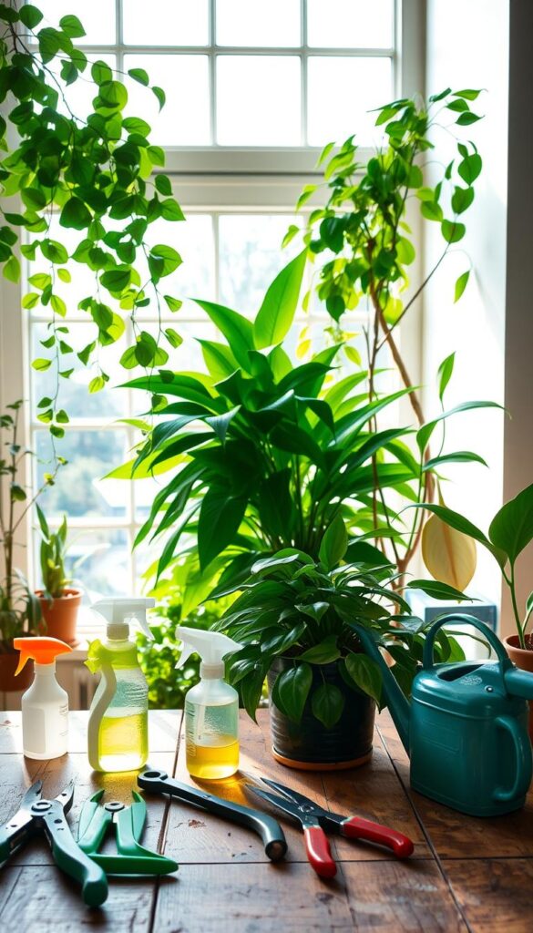 A cozy, sunlit indoor setting with a variety of well-tended houseplants. In the foreground, an assortment of gardening tools - pruners, spray bottles, and a small watering can - neatly arranged on a rustic wooden table. Mid-ground features lush green foliage in diverse shapes and sizes, including a trailing pothos, a vibrant philodendron, and a thriving peace lily. The background showcases a large window, allowing natural light to flood the space and create a warm, inviting atmosphere. The overall mood is one of tranquility and mindful plant care, encouraging a connection with the natural world within the comfort of the home. A cozy, sunlit indoor setting with a variety of well-tended houseplants. In the foreground, an assortment of gardening tools - pruners, spray bottles, and a small watering can - neatly arranged on a rustic wooden table. Mid-ground features lush green foliage in diverse shapes and sizes, including a trailing pothos, a vibrant philodendron, and a thriving peace lily. The background showcases a large window, allowing natural light to flood the space and create a warm, inviting atmosphere. The overall mood is one of tranquility and mindful plant care, encouraging a connection with the natural world within the comfort of the home.