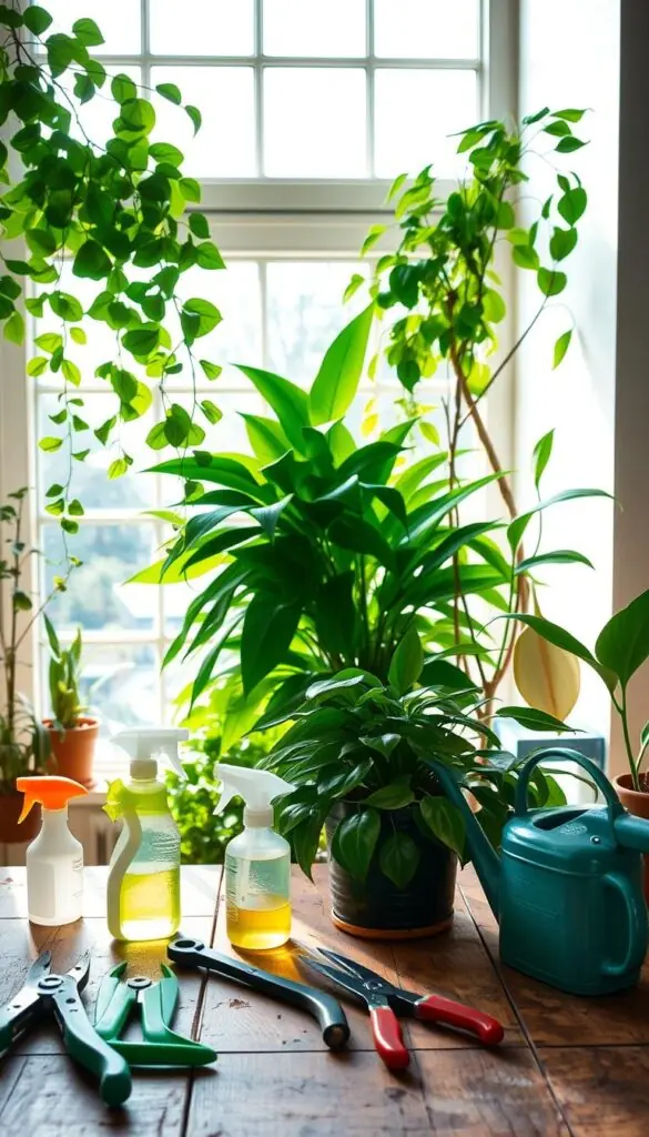 A cozy, sunlit indoor setting with a variety of well-tended houseplants. In the foreground, an assortment of gardening tools - pruners, spray bottles, and a small watering can - neatly arranged on a rustic wooden table. Mid-ground features lush green foliage in diverse shapes and sizes, including a trailing pothos, a vibrant philodendron, and a thriving peace lily. The background showcases a large window, allowing natural light to flood the space and create a warm, inviting atmosphere. The overall mood is one of tranquility and mindful plant care, encouraging a connection with the natural world within the comfort of the home.