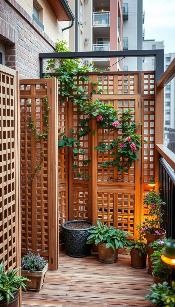 A cozy urban balcony with a series of decorative privacy screens crafted from natural wood and delicate lattice patterns. The screens are arranged in a staggered layout, creating a sense of layered depth and visual interest. Lush potted plants, such as cascading vines and blooming flowers, are strategically placed among the screens, softening the boundaries and adding a touch of nature. Warm, diffused lighting from concealed fixtures casts a serene, golden glow, enhancing the tranquil atmosphere. The camera angle is slightly elevated, capturing the scene from a bird's-eye view, showcasing the thoughtful placement of the design elements. A cozy urban balcony with a series of decorative privacy screens crafted from natural wood and delicate lattice patterns. The screens are arranged in a staggered layout, creating a sense of layered depth and visual interest. Lush potted plants, such as cascading vines and blooming flowers, are strategically placed among the screens, softening the boundaries and adding a touch of nature. Warm, diffused lighting from concealed fixtures casts a serene, golden glow, enhancing the tranquil atmosphere. The camera angle is slightly elevated, capturing the scene from a bird's-eye view, showcasing the thoughtful placement of the design elements.