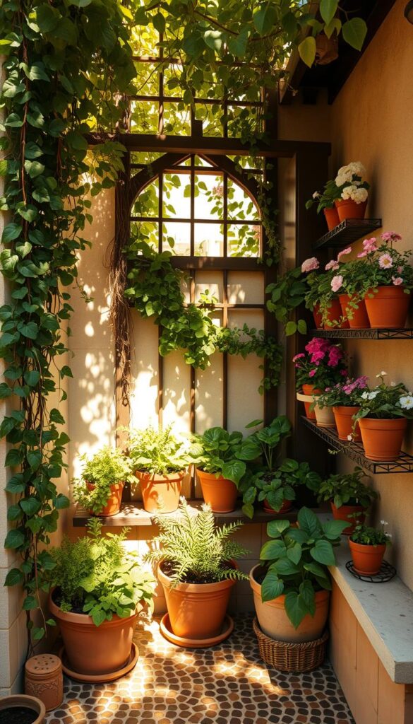A cozy vertical corner garden nestled in a sun-dappled nook, adorned with lush trailing vines, cascading flowers, and a trellis-framed focal point. Verdant herbs and blooms in terracotta pots line the tiered shelves, casting soft shadows on the mosaic-tiled patio below. Warm, golden light filters through the canopy of leaves, creating a serene, inviting atmosphere. The camera angle showcases the garden's depth and height, emphasizing the vertical design and highlighting the harmonious integration of nature and human-made elements. A tranquil, restorative scene that invites the viewer to linger and immerse themselves in the beauty of a well-crafted, relaxing garden corner.