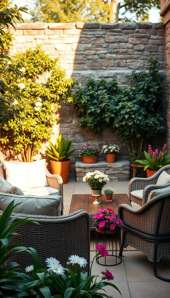 A cozy, well-appointed outdoor patio with a mix of comfortable seating and lush greenery. The foreground features a plush sectional sofa adorned with fluffy pillows, flanked by a pair of elegant wicker chairs. The middle ground showcases a low, wooden coffee table surrounded by potted plants and vibrant flowers. In the background, a stone or brick wall serves as a backdrop, creating a sense of enclosure and privacy. Warm, natural lighting filters through the space, casting a soft, inviting glow. The overall atmosphere exudes a harmonious blend of relaxation, style, and welcoming ambiance.