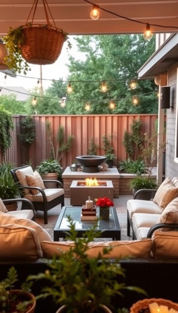 A cozy, well-designed backyard patio with a warm, inviting atmosphere. In the foreground, a comfortable outdoor seating area with plush cushions and pillows, complemented by a stylish coffee table. Hanging baskets and potted plants add pops of greenery. In the middle ground, a modern fire pit or water feature creates a soothing focal point. The background features a privacy fence or lush landscaping, casting soft, diffused lighting across the scene. The patio's layout is thoughtfully organized, showcasing practical yet visually appealing elements that maximize the use of a small outdoor space. A cozy, well-designed backyard patio with a warm, inviting atmosphere. In the foreground, a comfortable outdoor seating area with plush cushions and pillows, complemented by a stylish coffee table. Hanging baskets and potted plants add pops of greenery. In the middle ground, a modern fire pit or water feature creates a soothing focal point. The background features a privacy fence or lush landscaping, casting soft, diffused lighting across the scene. The patio's layout is thoughtfully organized, showcasing practical yet visually appealing elements that maximize the use of a small outdoor space.