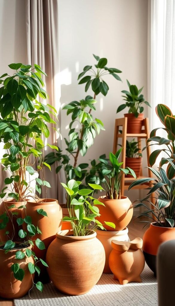 A cozy, well-lit corner of a plant-filled living room. In the foreground, a collection of terracotta and ceramic planters in organic shapes, arranged in a visually appealing cluster. The planters contain lush, low-light houseplants such as pothos, philodendrons, and ZZ plants, their trailing vines and broad leaves adding a sense of depth and movement. In the middle ground, a minimalist wooden plant stand holds additional potted plants, their foliage creating a layered, harmonious composition. The background features a neutral-toned wall, softly illuminated by natural light filtering through sheer curtains, creating a soothing, tranquil atmosphere. The overall scene conveys a harmonious balance between form and function, showcasing how thoughtfully placed planters and carefully selected low-light plants can enhance the beauty and ambiance of any indoor space.