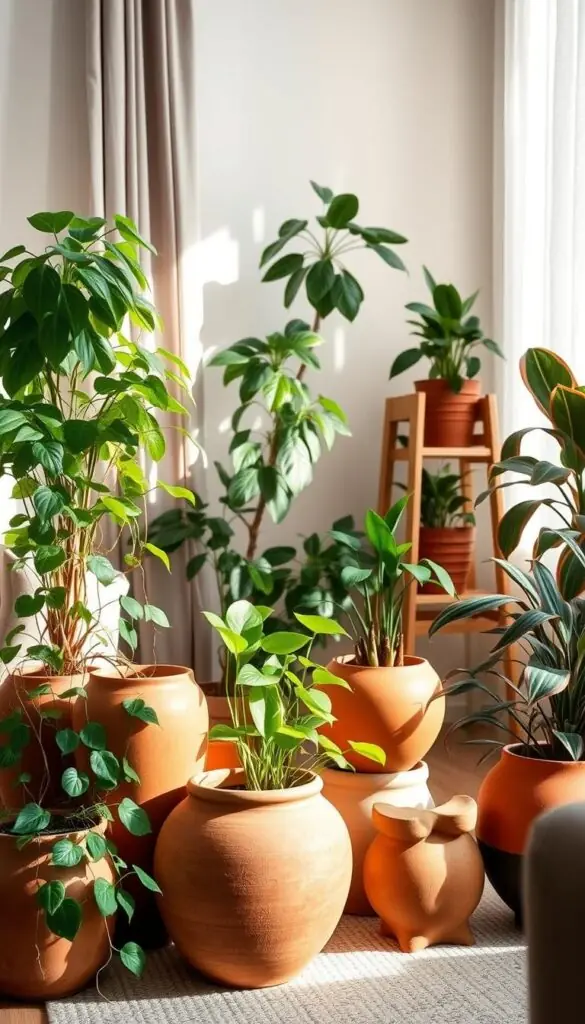 A cozy, well-lit corner of a plant-filled living room. In the foreground, a collection of terracotta and ceramic planters in organic shapes, arranged in a visually appealing cluster. The planters contain lush, low-light houseplants such as pothos, philodendrons, and ZZ plants, their trailing vines and broad leaves adding a sense of depth and movement. In the middle ground, a minimalist wooden plant stand holds additional potted plants, their foliage creating a layered, harmonious composition. The background features a neutral-toned wall, softly illuminated by natural light filtering through sheer curtains, creating a soothing, tranquil atmosphere. The overall scene conveys a harmonious balance between form and function, showcasing how thoughtfully placed planters and carefully selected low-light plants can enhance the beauty and ambiance of any indoor space. A cozy, well-lit corner of a plant-filled living room. In the foreground, a collection of terracotta and ceramic planters in organic shapes, arranged in a visually appealing cluster. The planters contain lush, low-light houseplants such as pothos, philodendrons, and ZZ plants, their trailing vines and broad leaves adding a sense of depth and movement. In the middle ground, a minimalist wooden plant stand holds additional potted plants, their foliage creating a layered, harmonious composition. The background features a neutral-toned wall, softly illuminated by natural light filtering through sheer curtains, creating a soothing, tranquil atmosphere. The overall scene conveys a harmonious balance between form and function, showcasing how thoughtfully placed planters and carefully selected low-light plants can enhance the beauty and ambiance of any indoor space.