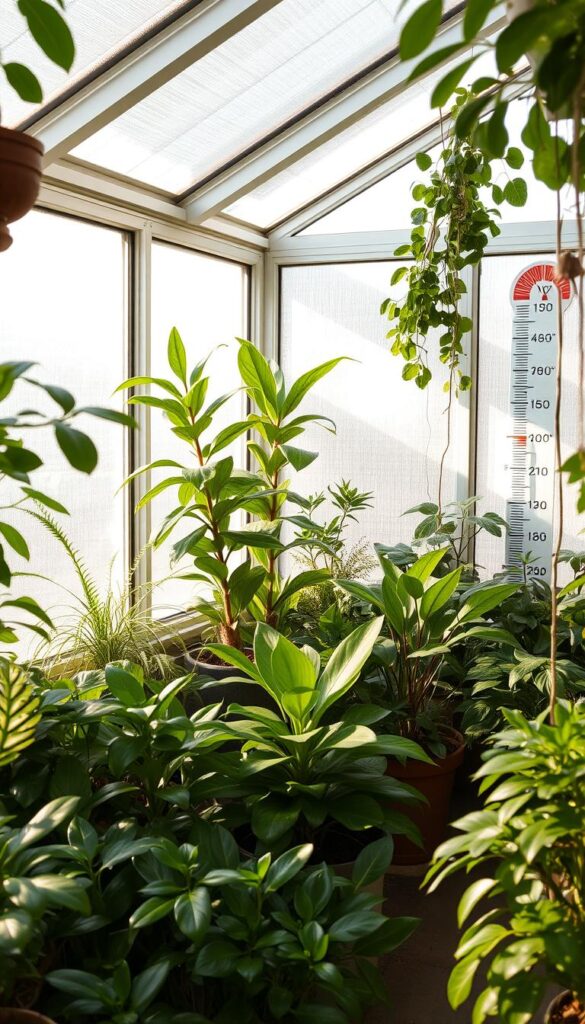 A cozy, well-lit greenhouse interior with a variety of healthy, thriving houseplants of different sizes and species. The plants are arranged in a visually appealing composition, showcasing their diverse foliage and natural textures. Soft, diffused natural lighting filters in through large windows, creating a warm and inviting atmosphere. The temperature is depicted through subtle visual cues, such as plants positioned in optimal spots, thermometers, and ambient details that convey the ideal temperature range for indoor plant growth and care. The overall scene exudes a sense of tranquility and plant-centric harmony.