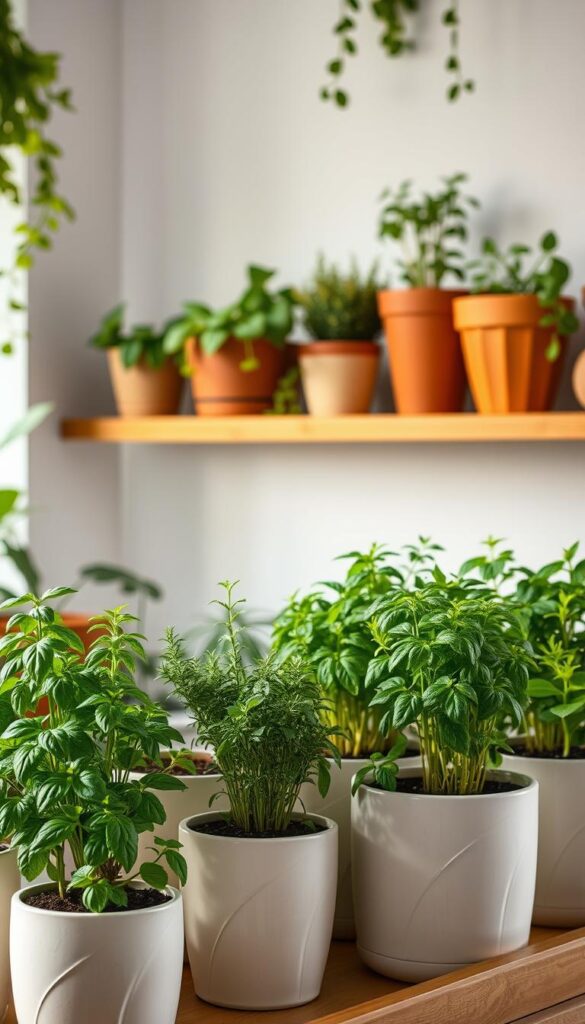 A cozy, well-lit indoor herb garden with lush, vibrant plants thriving in stylish, modern containers. The foreground features an assortment of thriving herbs - basil, rosemary, thyme, and mint - each planted in sleek, minimalist ceramic pots of varying sizes. The middle ground showcases a mix of terracotta and wooden planters, arranged neatly on a natural-tone wooden shelving unit. Soft, diffused lighting from overhead casts a warm, inviting glow across the scene. The background blends seamless white walls with touches of greenery, creating a tranquil, nature-inspired ambiance. The overall composition conveys a sense of harmony, showcasing an easily replicable setup for a thriving indoor herb garden.