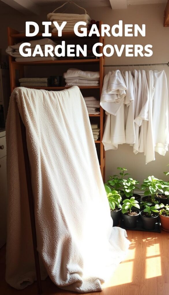 A cozy, well-lit indoor scene featuring a variety of DIY garden covers on display. In the foreground, a plush bedspread is draped over a makeshift frame, creating a sturdy, insulating cover. Nearby, a collection of fluffy towels and lightweight sheets are arranged, showcasing how everyday household items can be repurposed to protect delicate plants from frost. The mid-ground shows potted plants of varying sizes, awaiting their new protective covers. The background features a rustic wooden shelving unit, adding texture and a sense of a homey, gardening workshop atmosphere. Warm, natural lighting bathes the scene, highlighting the practical yet charming nature of these simple, effective DIY solutions.