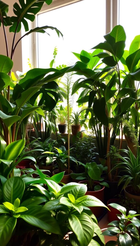 A cozy, well-lit indoor scene with a variety of thriving houseplants arranged in an inviting, natural-looking display. The foreground features lush, verdant foliage in various shades of green, including large-leaved plants like monstera deliciosa, philodendrons, and dieffenbachia, as well as smaller accent plants like succulents and peperomia. Soft, warm lighting filters through large windows, casting gentle shadows and creating a tranquil, nurturing atmosphere. The middle ground showcases a mix of potted plants, from tall, trailing vines to compact, low-growing varieties, artfully grouped together. The background subtly recedes, hinting at a serene, minimalist interior design. The overall scene conveys a sense of harmony, growth, and the calming presence of nature indoors. A cozy, well-lit indoor scene with a variety of thriving houseplants arranged in an inviting, natural-looking display. The foreground features lush, verdant foliage in various shades of green, including large-leaved plants like monstera deliciosa, philodendrons, and dieffenbachia, as well as smaller accent plants like succulents and peperomia. Soft, warm lighting filters through large windows, casting gentle shadows and creating a tranquil, nurturing atmosphere. The middle ground showcases a mix of potted plants, from tall, trailing vines to compact, low-growing varieties, artfully grouped together. The background subtly recedes, hinting at a serene, minimalist interior design. The overall scene conveys a sense of harmony, growth, and the calming presence of nature indoors.