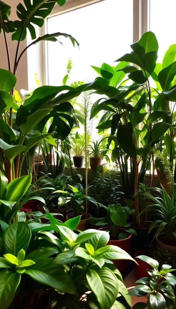 A cozy, well-lit indoor scene with a variety of thriving houseplants arranged in an inviting, natural-looking display. The foreground features lush, verdant foliage in various shades of green, including large-leaved plants like monstera deliciosa, philodendrons, and dieffenbachia, as well as smaller accent plants like succulents and peperomia. Soft, warm lighting filters through large windows, casting gentle shadows and creating a tranquil, nurturing atmosphere. The middle ground showcases a mix of potted plants, from tall, trailing vines to compact, low-growing varieties, artfully grouped together. The background subtly recedes, hinting at a serene, minimalist interior design. The overall scene conveys a sense of harmony, growth, and the calming presence of nature indoors.