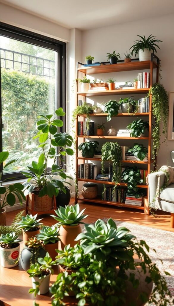 A cozy, well-lit interior scene featuring a carefully curated arrangement of faux plants and greenery. In the foreground, a low table holds a variety of potted faux succulents, philodendrons, and trailing vines, their leaves and textures meticulously detailed. The middle ground showcases a floor-to-ceiling bookshelf, its shelves adorned with strategically placed faux plants that seamlessly blend with the real books and decor. Warm, directional lighting casts soft shadows, enhancing the natural-looking shapes and forms of the artificial foliage. The background features a large window overlooking a lush, verdant outdoor scene, creating a harmonious transition between the real and the faux. The overall atmosphere conveys a sense of tranquility and effortless style.